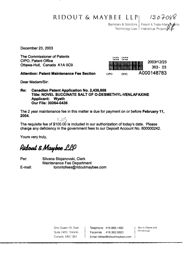 Canadian Patent Document 2436668. Fees 20021223. Image 1 of 1