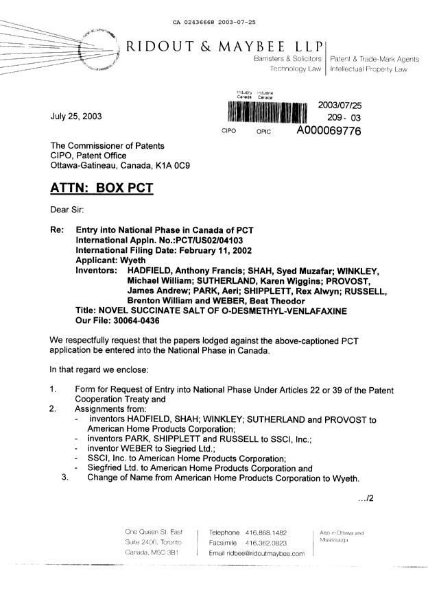 Document de brevet canadien 2436668. Cession 20030725. Image 1 de 33