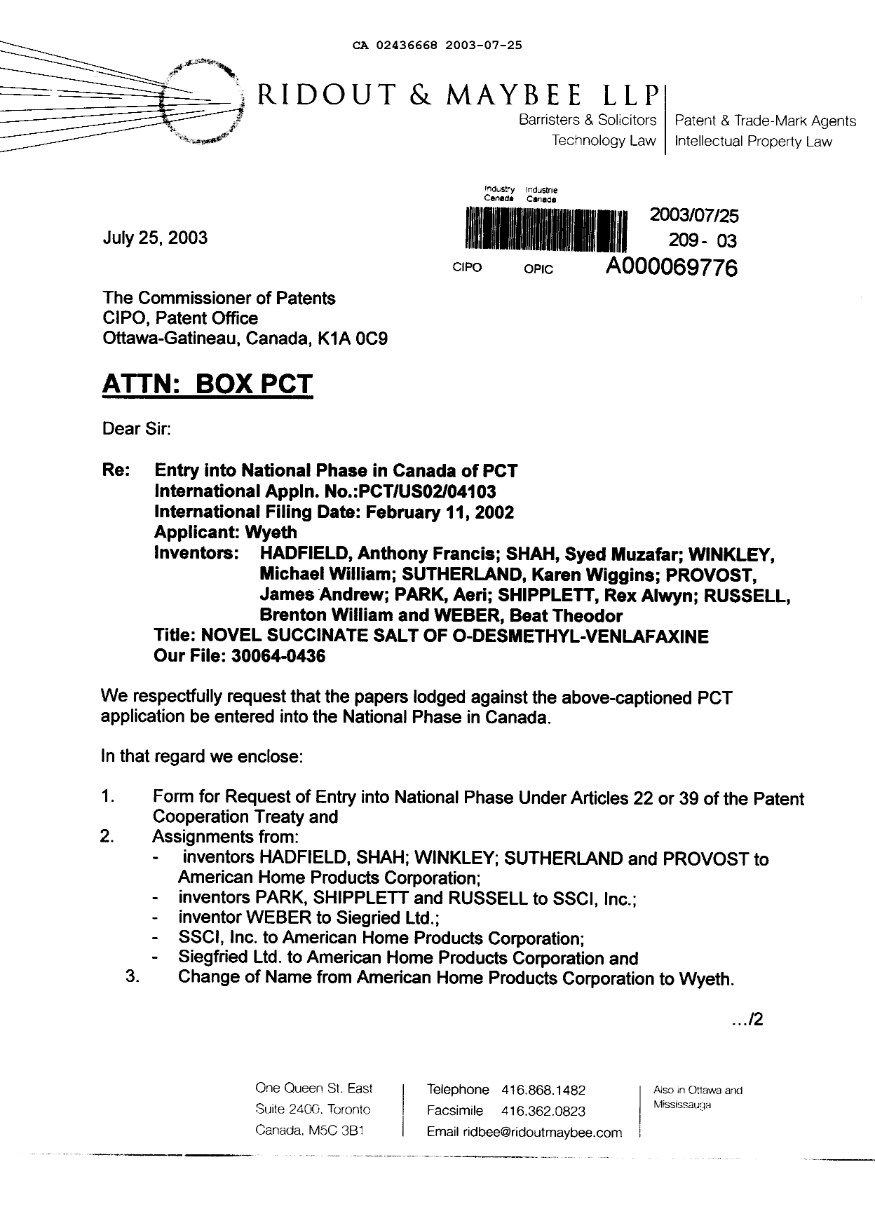 Document de brevet canadien 2436668. Cession 20030725. Image 1 de 33