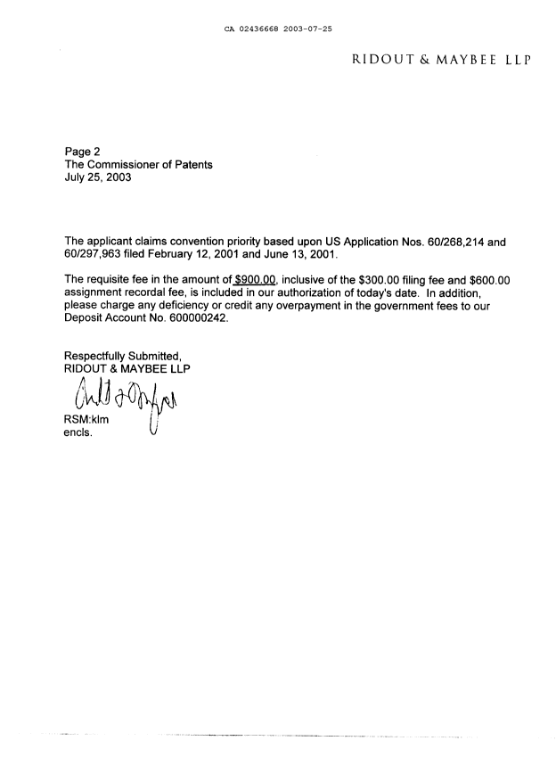 Document de brevet canadien 2436668. Cession 20030725. Image 2 de 33
