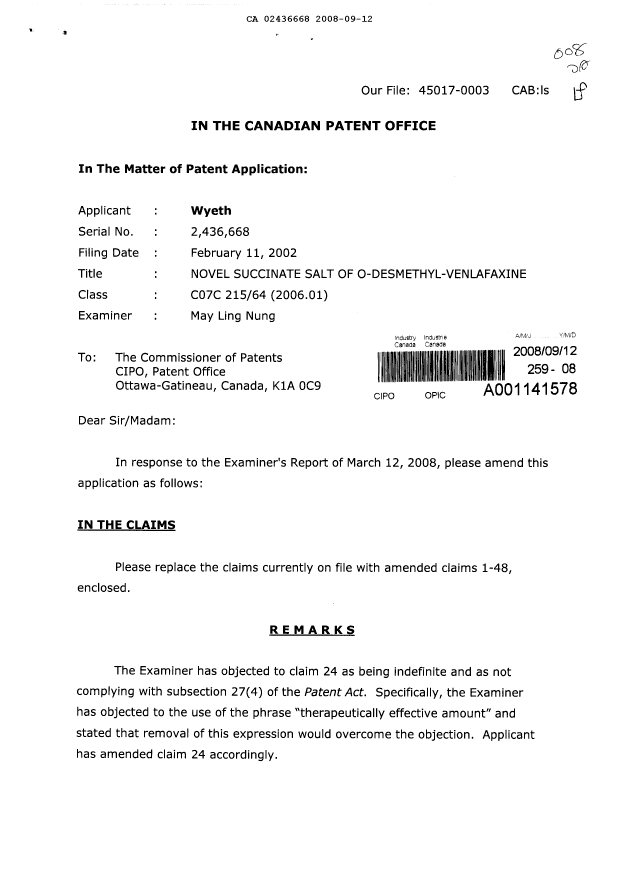 Document de brevet canadien 2436668. Poursuite-Amendment 20071212. Image 1 de 11