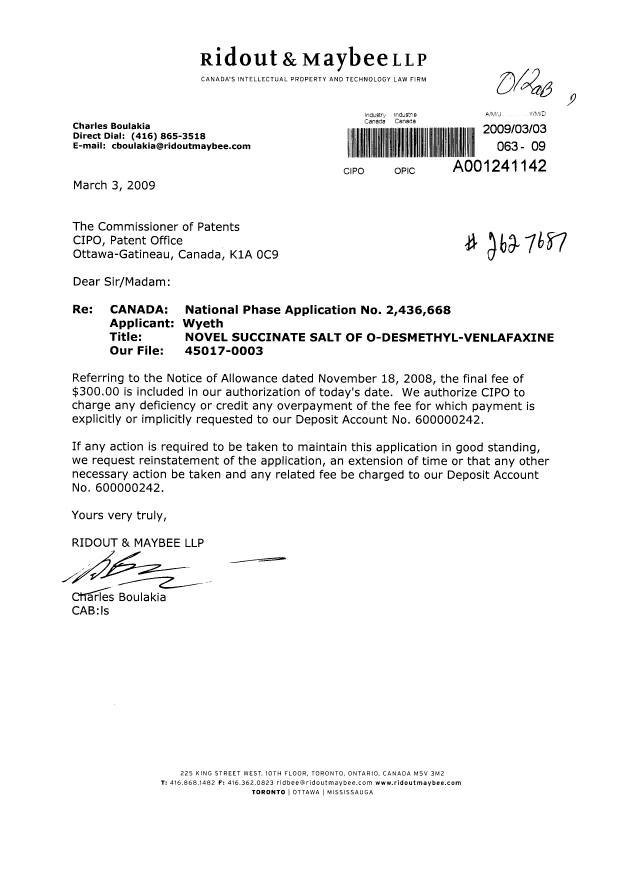 Canadian Patent Document 2436668. Correspondence 20081203. Image 1 of 1