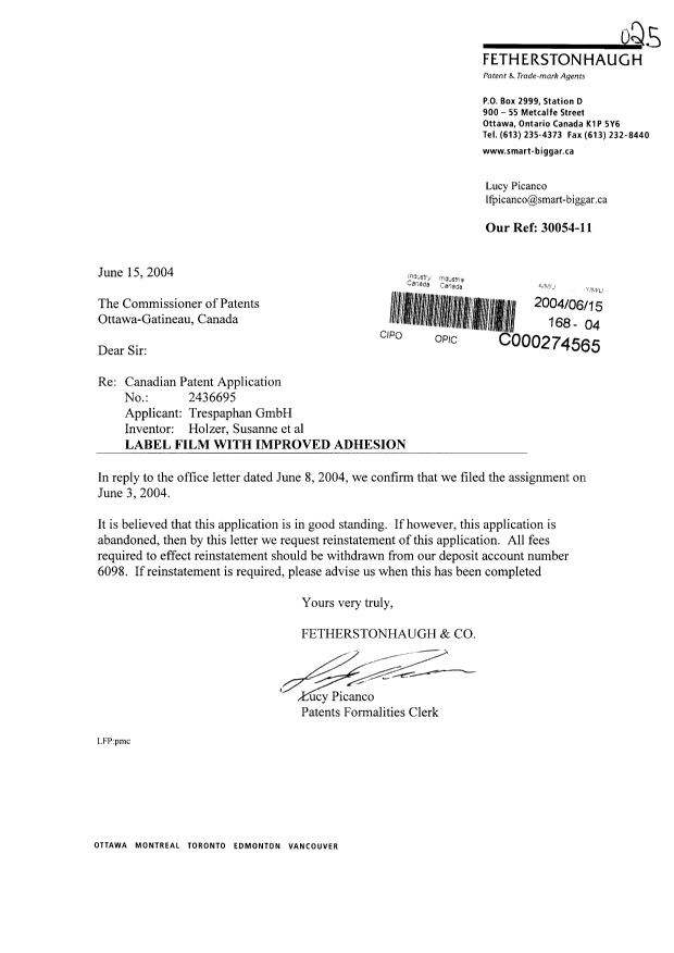 Canadian Patent Document 2436695. Assignment 20040615. Image 1 of 1