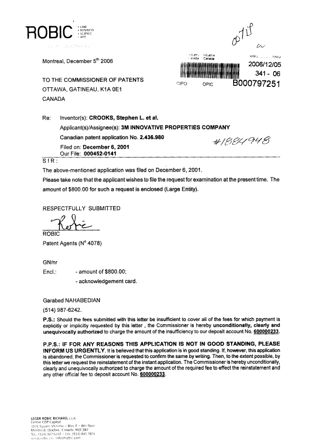 Canadian Patent Document 2436980. Prosecution-Amendment 20051205. Image 1 of 1