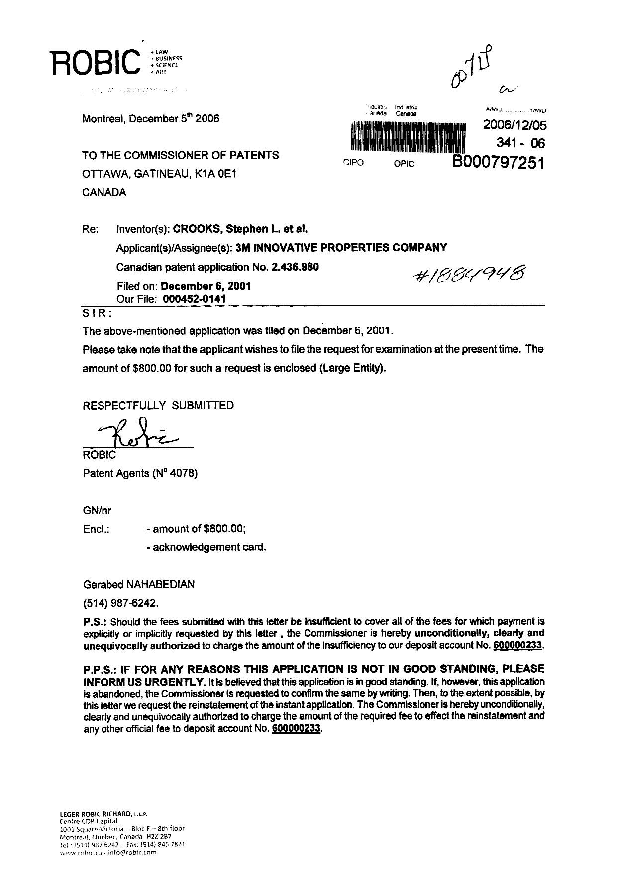 Document de brevet canadien 2436980. Poursuite-Amendment 20051205. Image 1 de 1