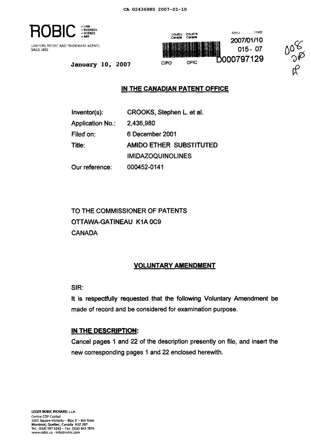 Canadian Patent Document 2436980. Prosecution-Amendment 20061210. Image 1 of 9