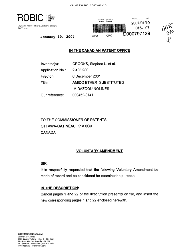 Document de brevet canadien 2436980. Poursuite-Amendment 20070110. Image 1 de 9