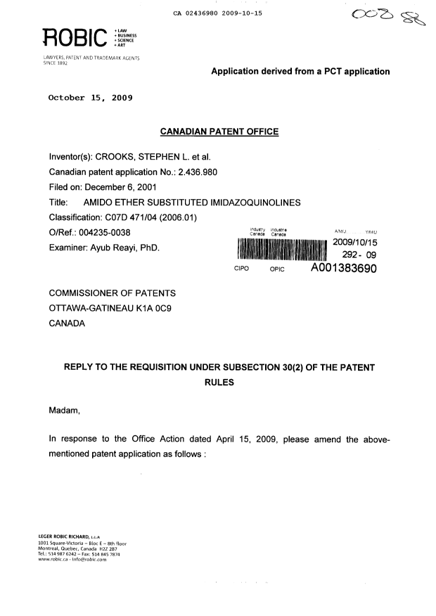 Canadian Patent Document 2436980. Prosecution-Amendment 20091015. Image 1 of 31