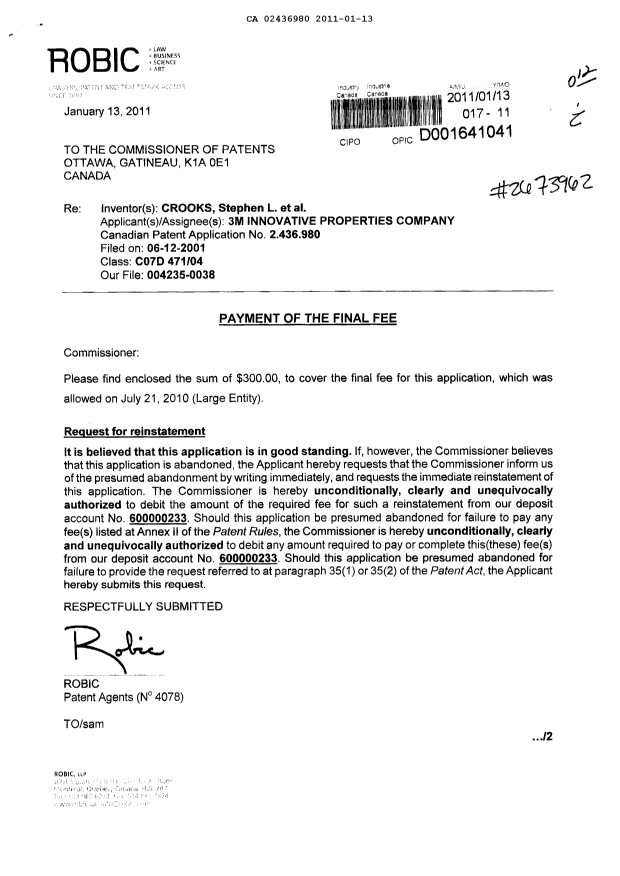 Canadian Patent Document 2436980. Correspondence 20101213. Image 1 of 2