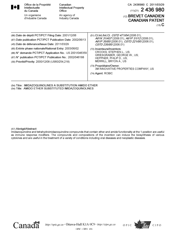 Canadian Patent Document 2436980. Cover Page 20101225. Image 1 of 1