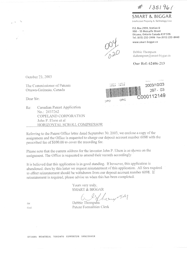 Document de brevet canadien 2437262. Cession 20031023. Image 1 de 2