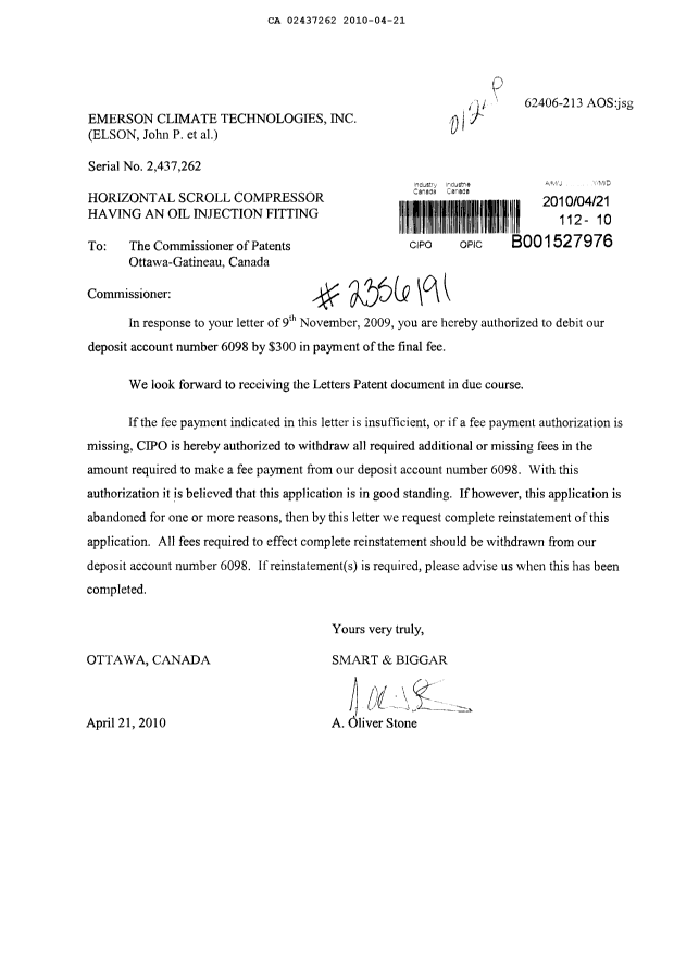 Canadian Patent Document 2437262. Correspondence 20100421. Image 1 of 1