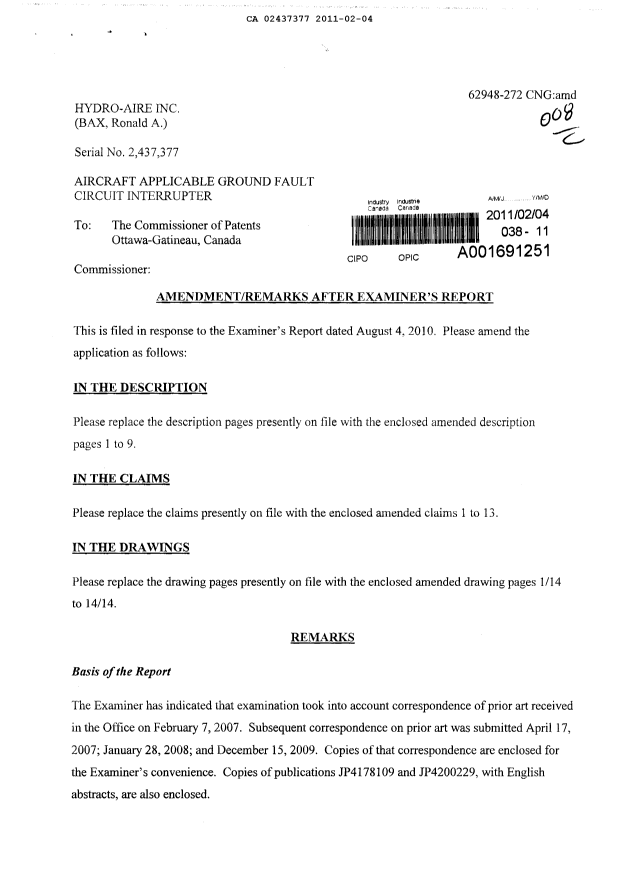 Document de brevet canadien 2437377. Poursuite-Amendment 20110204. Image 1 de 34