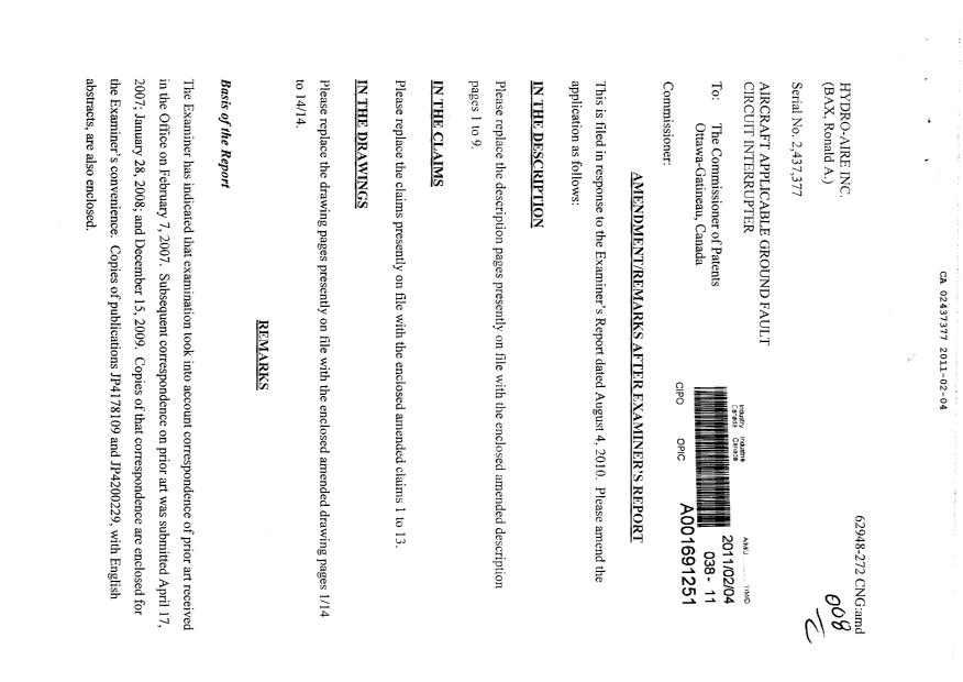 Canadian Patent Document 2437377. Prosecution-Amendment 20110204. Image 1 of 34