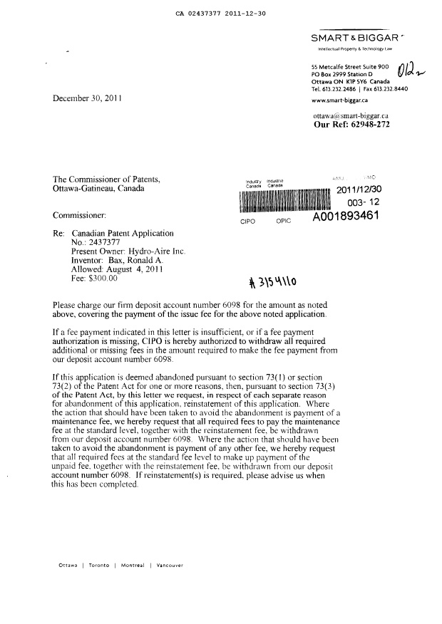 Document de brevet canadien 2437377. Correspondance 20111230. Image 1 de 2