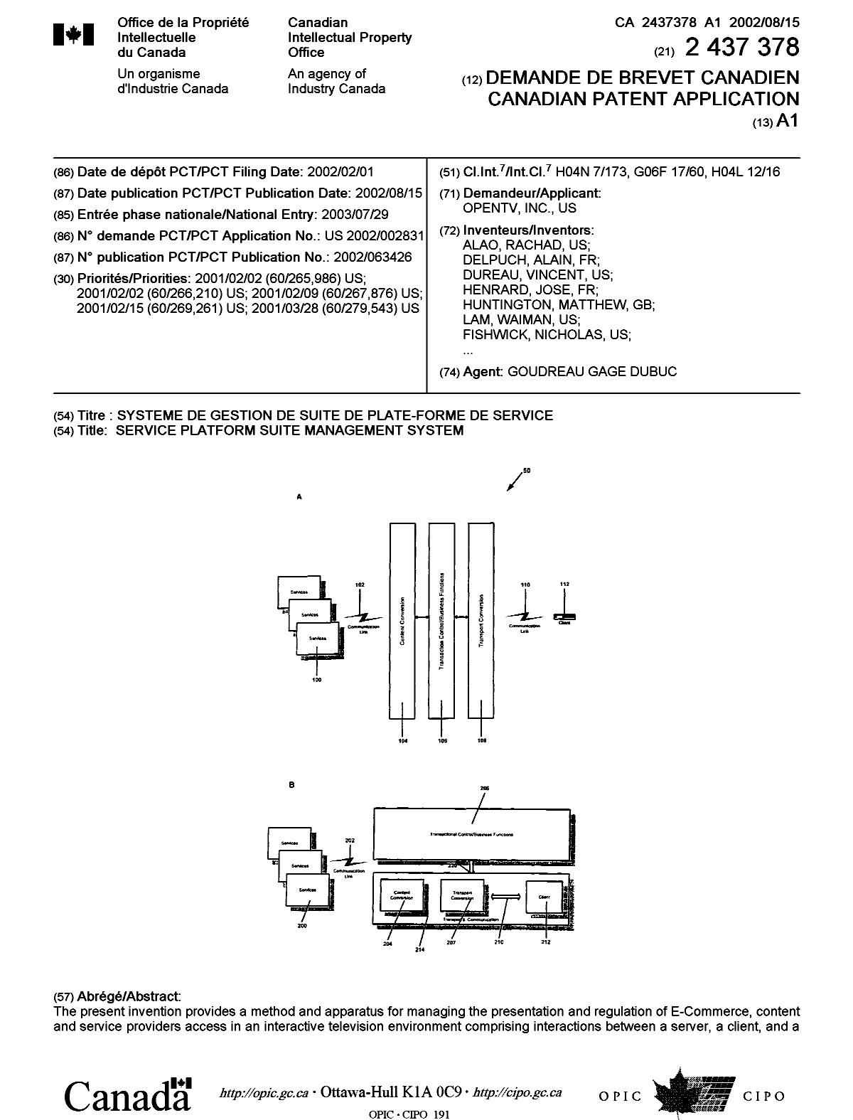 Document de brevet canadien 2437378. Page couverture 20021230. Image 1 de 2