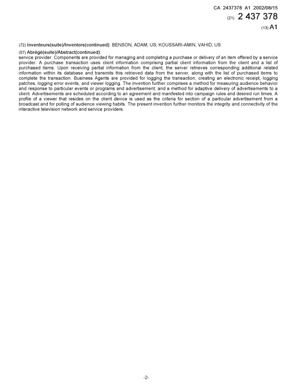Document de brevet canadien 2437378. Page couverture 20021230. Image 2 de 2
