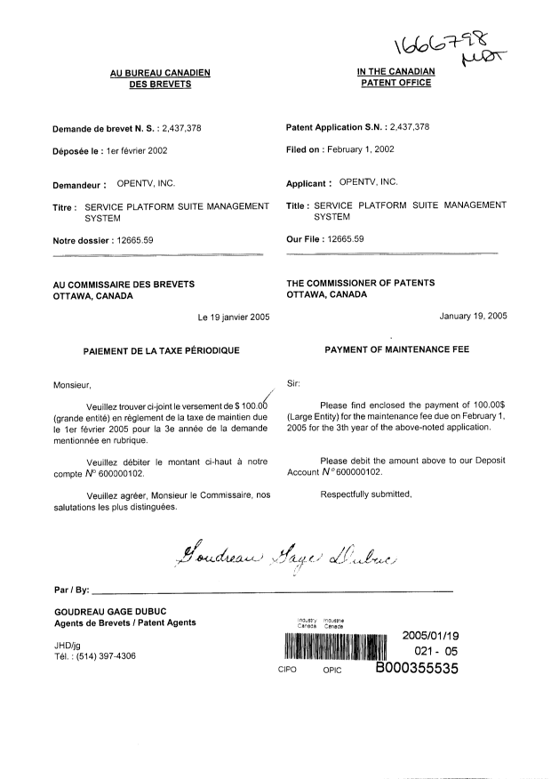 Document de brevet canadien 2437378. Taxes 20041219. Image 1 de 1