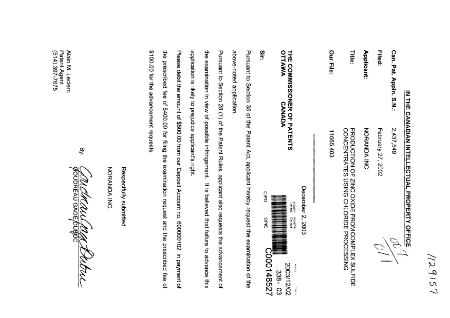 Canadian Patent Document 2437549. Prosecution-Amendment 20031202. Image 1 of 1