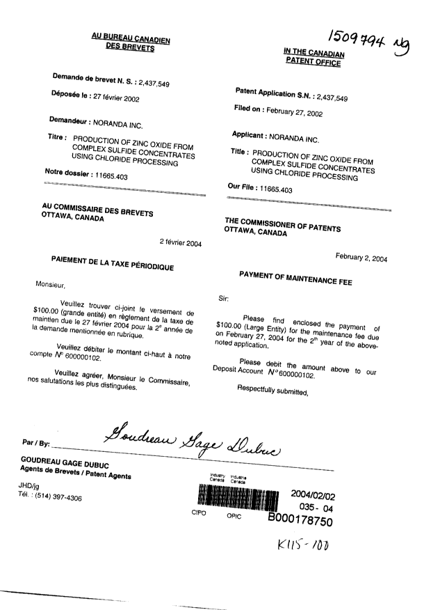 Document de brevet canadien 2437549. Taxes 20040202. Image 1 de 1