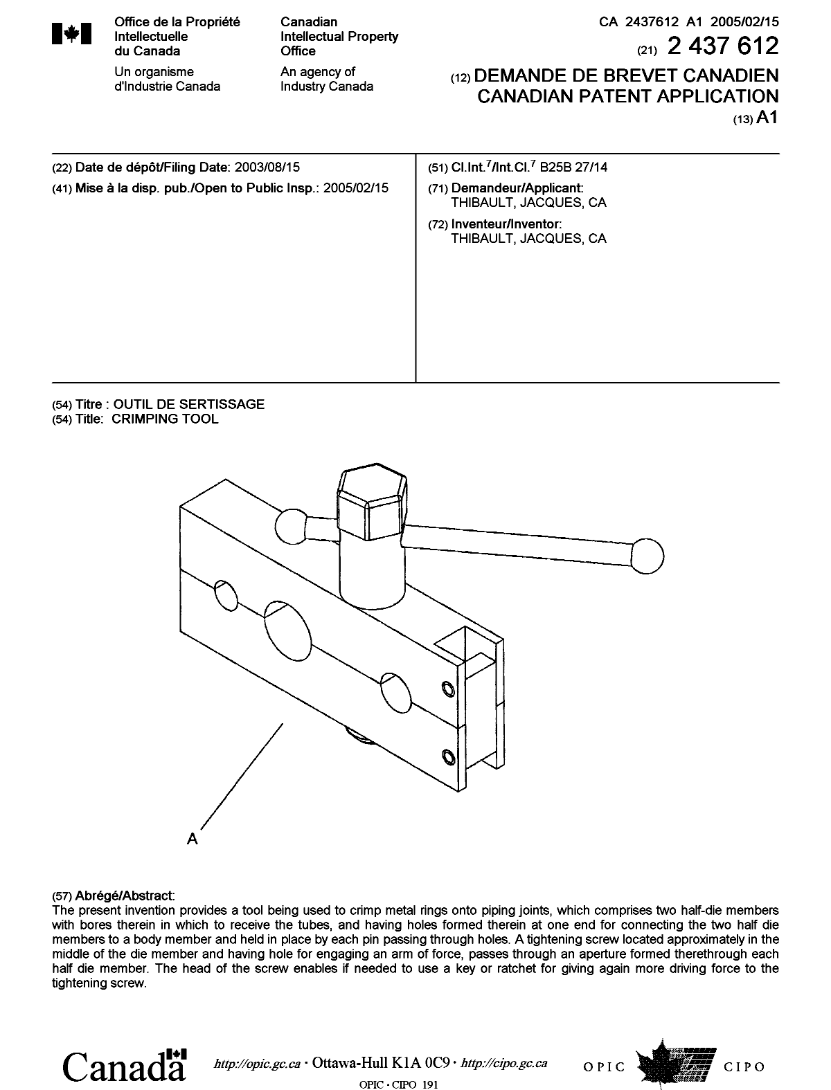 Document de brevet canadien 2437612. Page couverture 20041203. Image 1 de 1