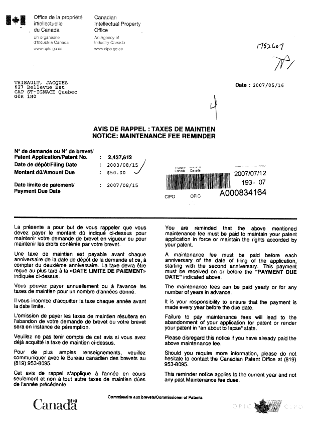 Document de brevet canadien 2437612. Taxes 20070712. Image 1 de 2