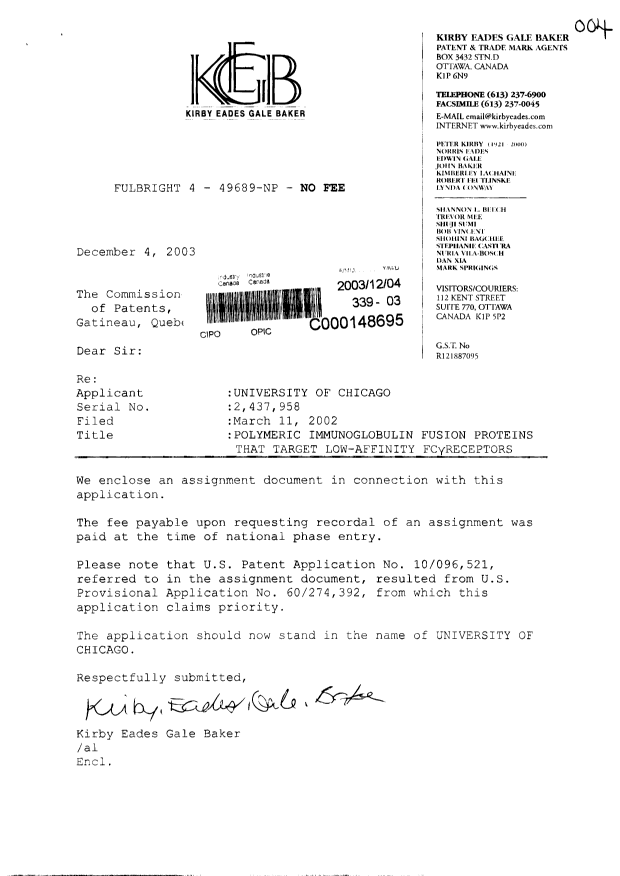 Document de brevet canadien 2437958. Cession 20031204. Image 1 de 7