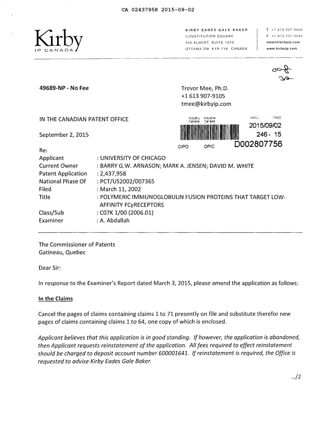 Document de brevet canadien 2437958. Modification 20150902. Image 1 de 9