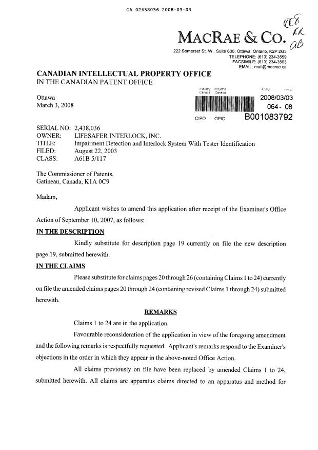 Canadian Patent Document 2438036. Prosecution-Amendment 20071203. Image 1 of 9