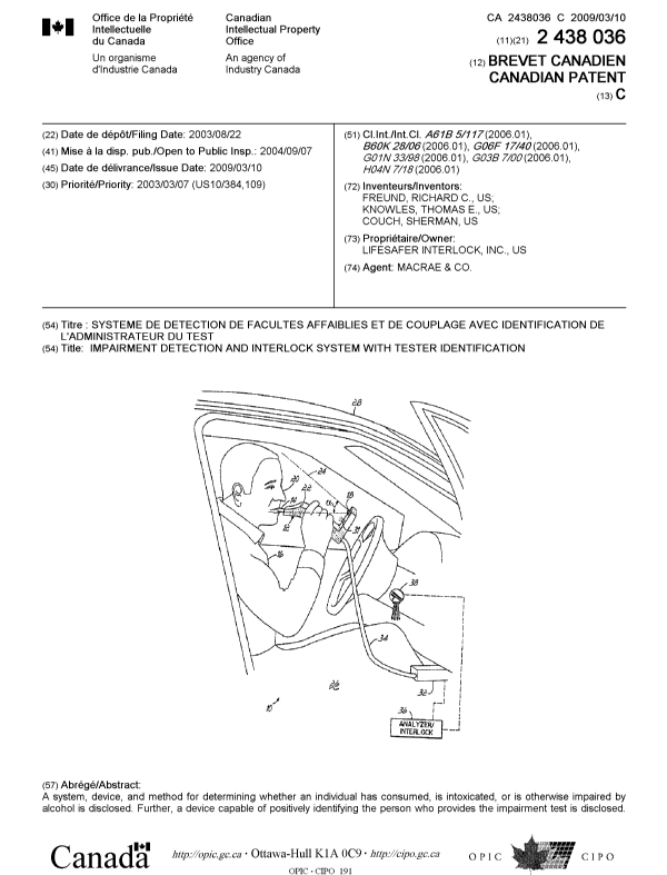 Canadian Patent Document 2438036. Cover Page 20081217. Image 1 of 2