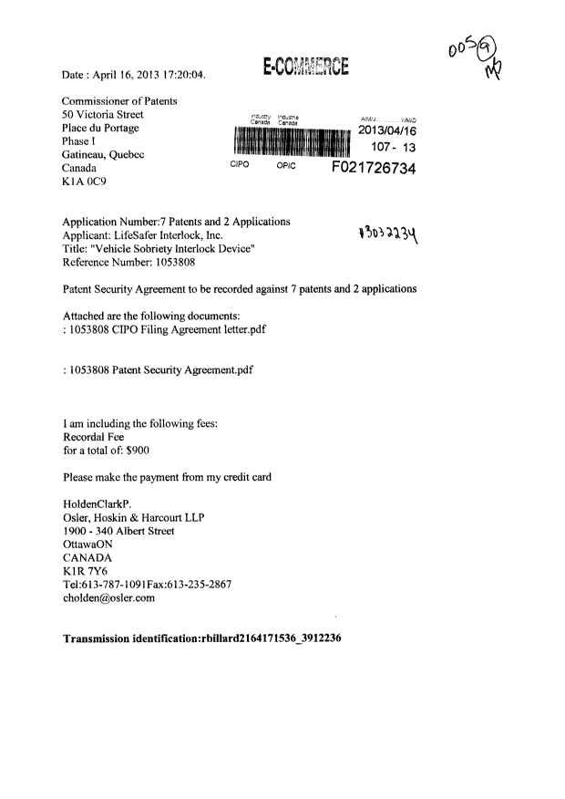 Canadian Patent Document 2438036. Assignment 20130416. Image 1 of 20