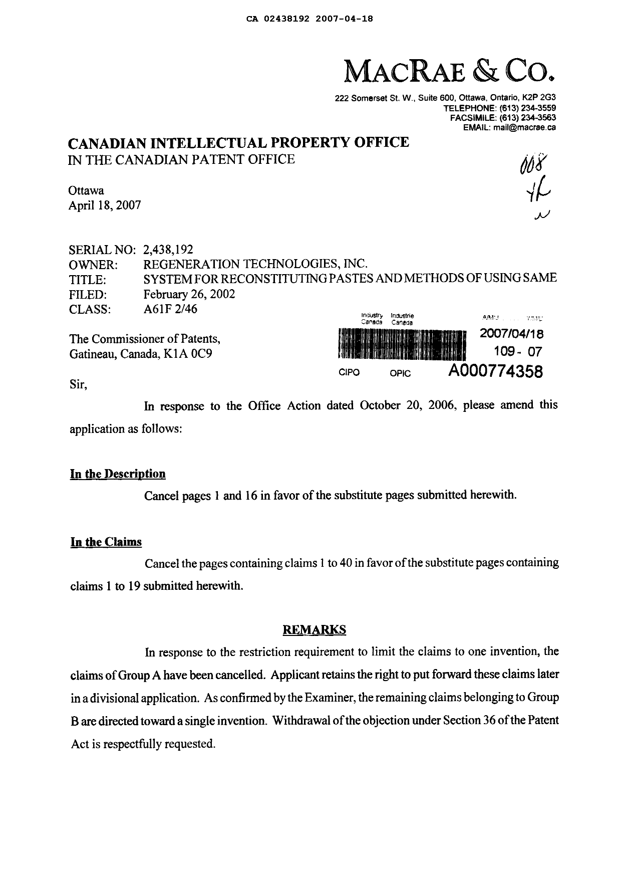 Canadian Patent Document 2438192. Prosecution-Amendment 20070418. Image 1 of 7