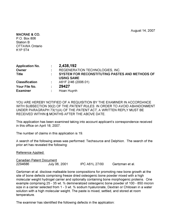 Canadian Patent Document 2438192. Prosecution-Amendment 20070814. Image 1 of 2