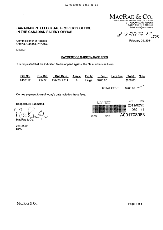 Document de brevet canadien 2438192. Taxes 20110225. Image 1 de 1