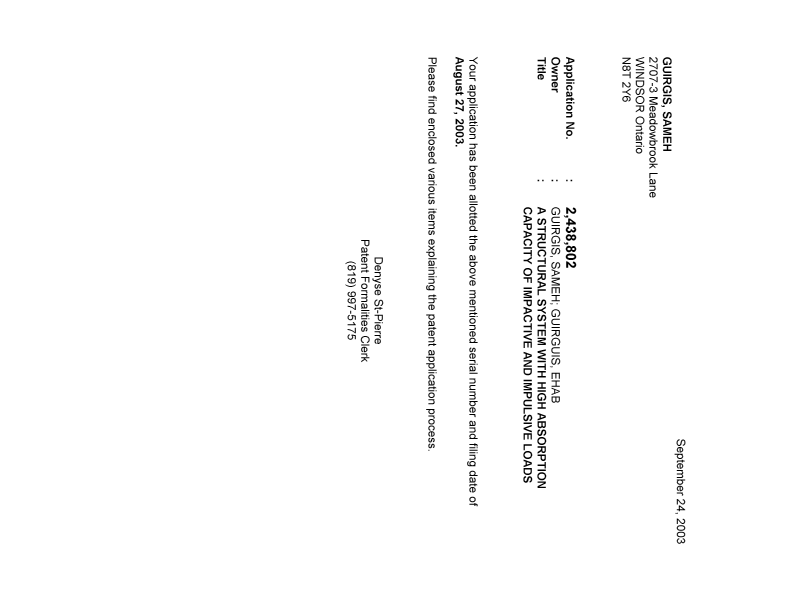 Canadian Patent Document 2438802. Correspondence 20030923. Image 1 of 1