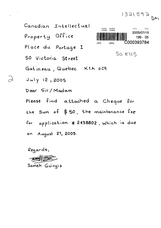 Document de brevet canadien 2438802. Taxes 20050715. Image 1 de 1