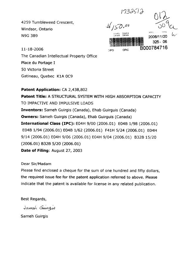 Document de brevet canadien 2438802. Correspondance 20061120. Image 1 de 1