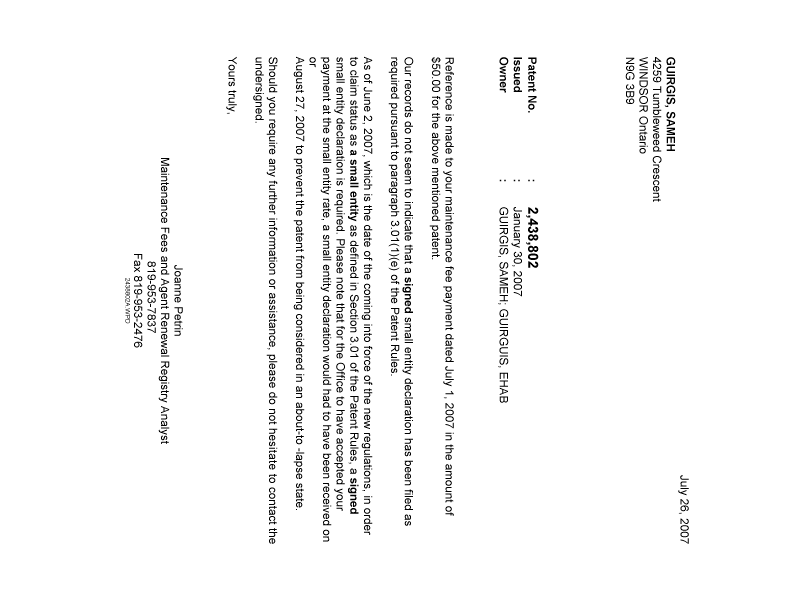 Canadian Patent Document 2438802. Correspondence 20070726. Image 1 of 1