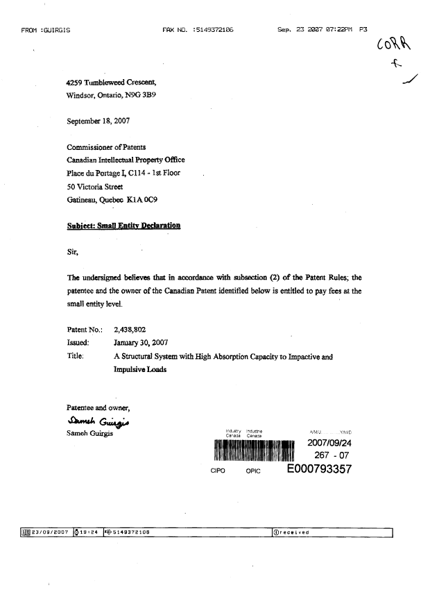 Document de brevet canadien 2438802. Correspondance 20070924. Image 1 de 1