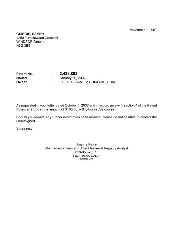 Canadian Patent Document 2438802. Correspondence 20071101. Image 1 of 1