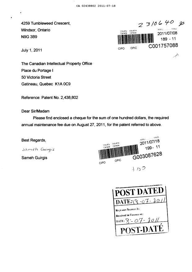 Document de brevet canadien 2438802. Taxes 20110718. Image 1 de 1