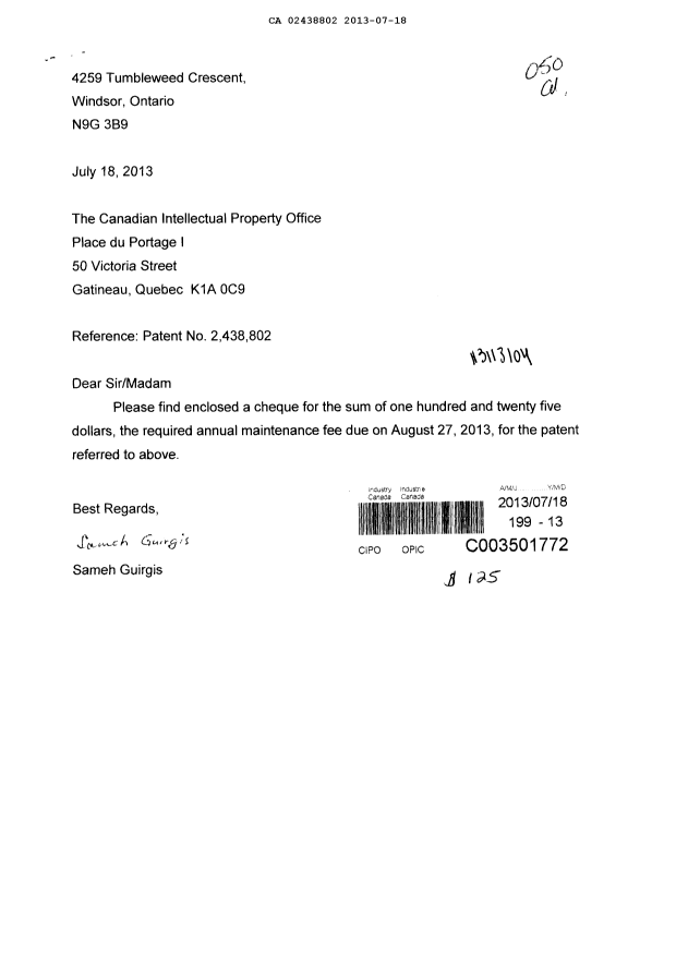 Document de brevet canadien 2438802. Taxes 20130718. Image 1 de 1