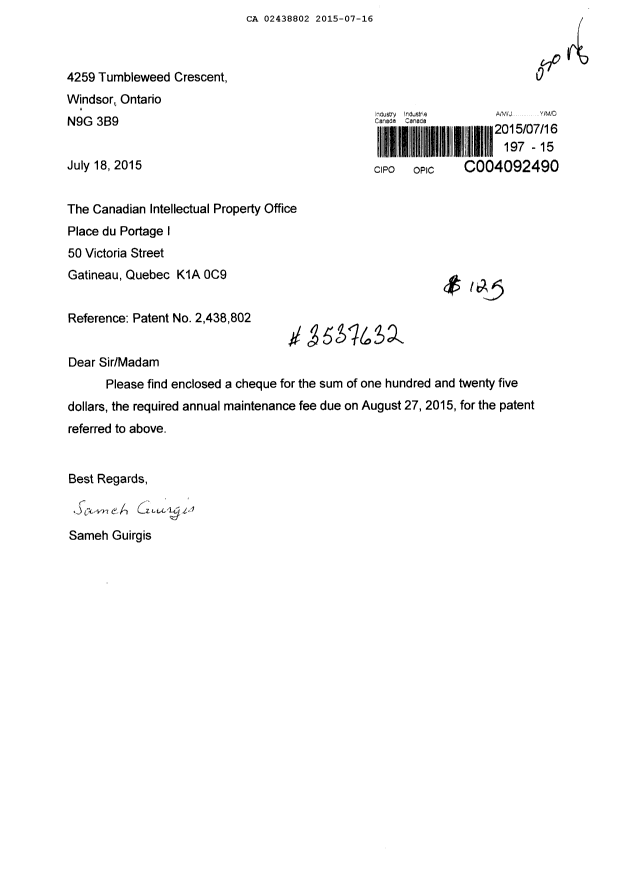 Document de brevet canadien 2438802. Paiement de taxe périodique 20150716. Image 1 de 1