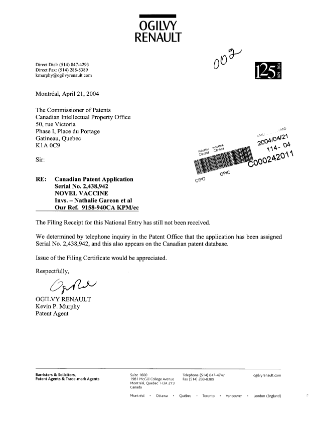 Document de brevet canadien 2438942. Correspondance 20040421. Image 1 de 1