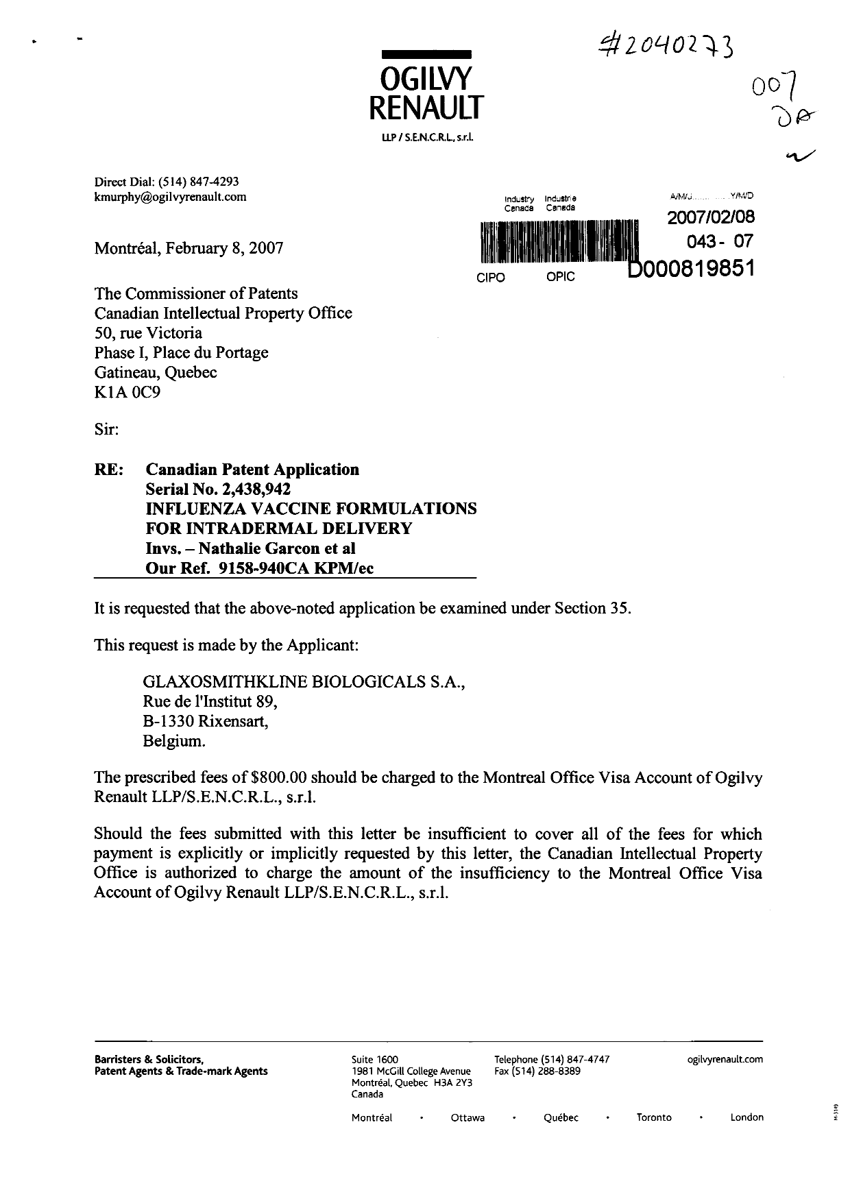 Canadian Patent Document 2438942. Prosecution-Amendment 20070208. Image 1 of 2