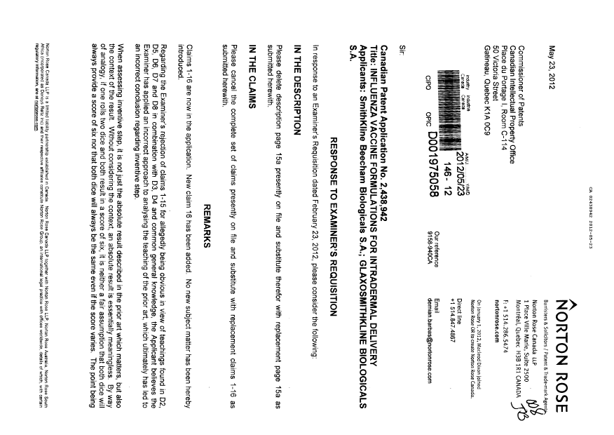 Canadian Patent Document 2438942. Prosecution-Amendment 20120523. Image 1 of 11