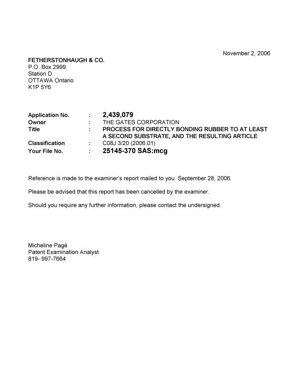 Document de brevet canadien 2439079. Correspondance 20061102. Image 1 de 1