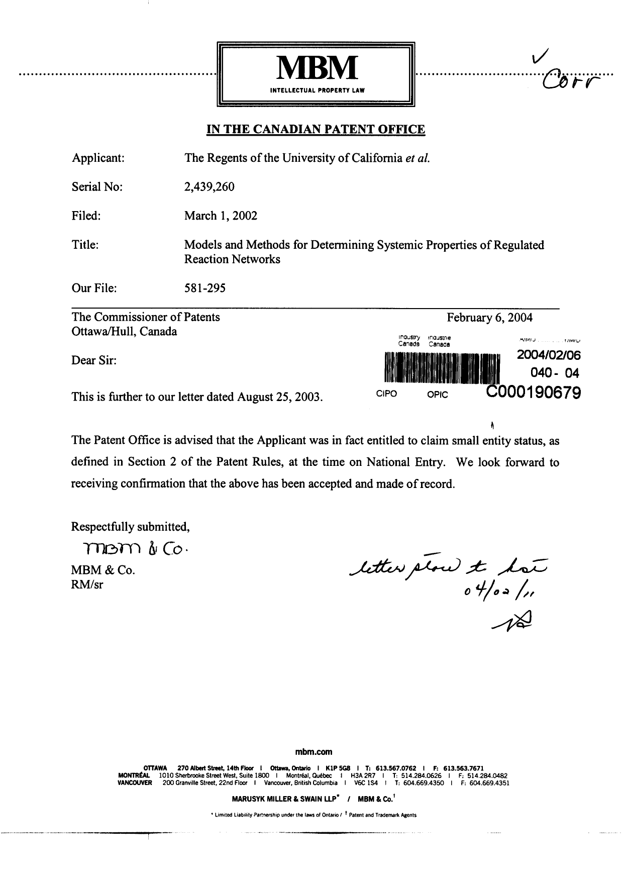 Document de brevet canadien 2439260. Correspondance 20031206. Image 1 de 1