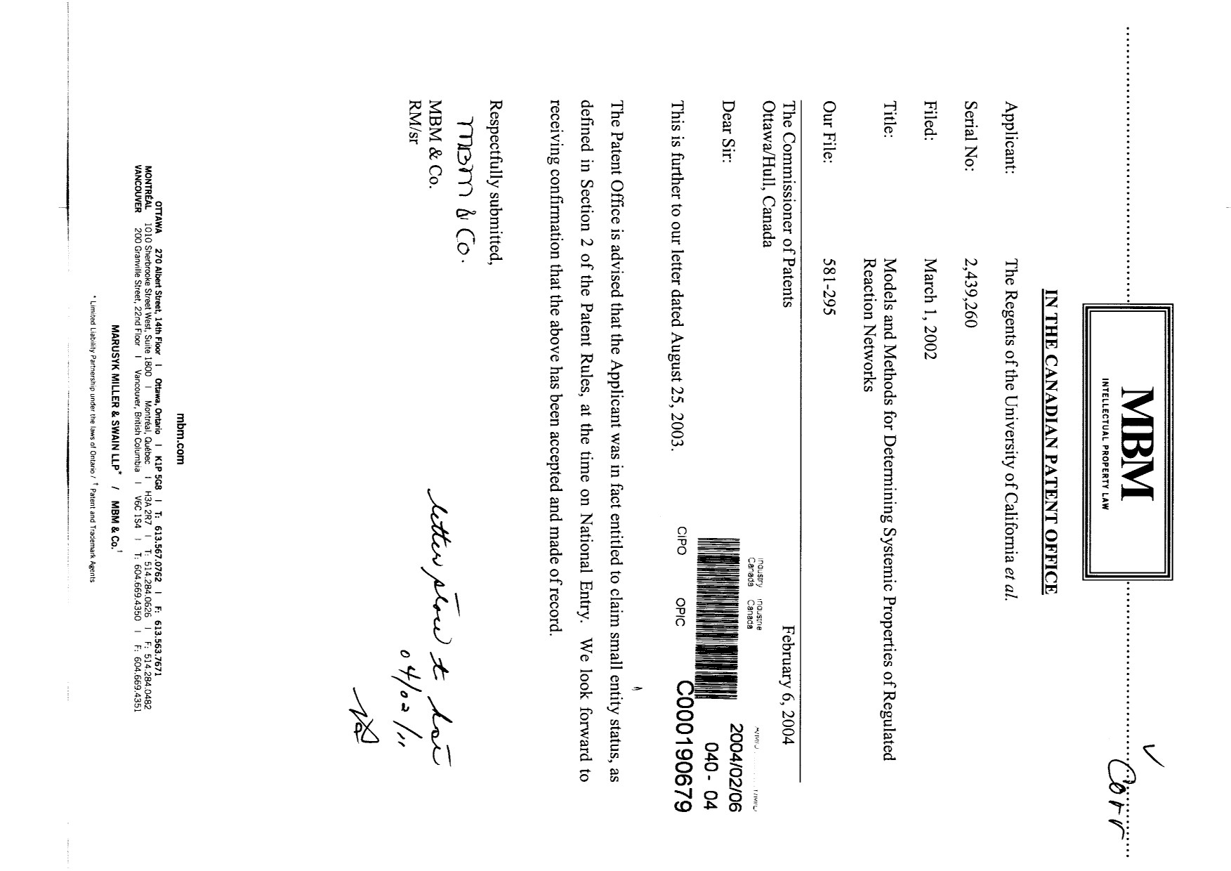 Canadian Patent Document 2439260. Correspondence 20031206. Image 1 of 1