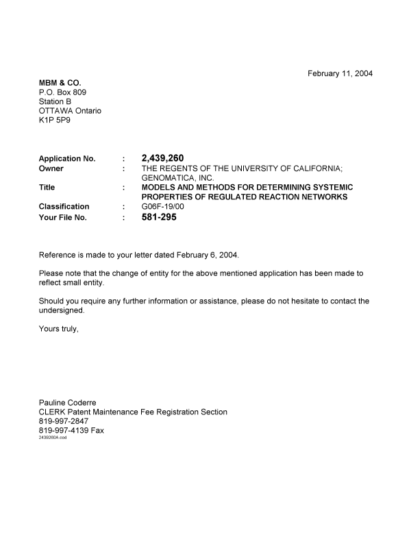Canadian Patent Document 2439260. Correspondence 20031211. Image 1 of 1